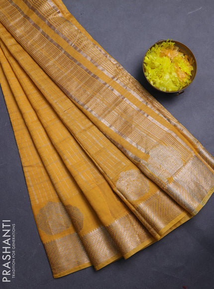 Semi chanderi saree yellow and maroon with allover zari checked pattern and zari woven butta border