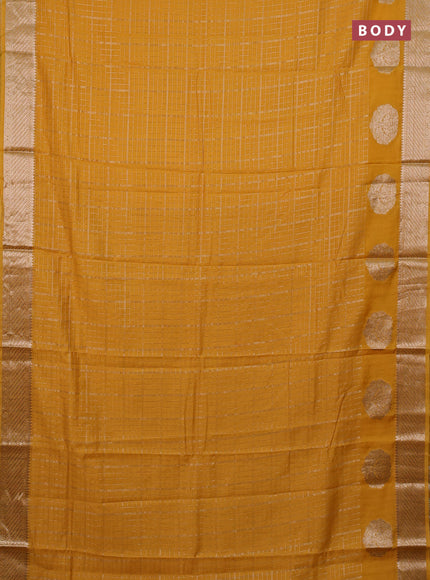 Semi chanderi saree yellow and maroon with allover zari checked pattern and zari woven butta border
