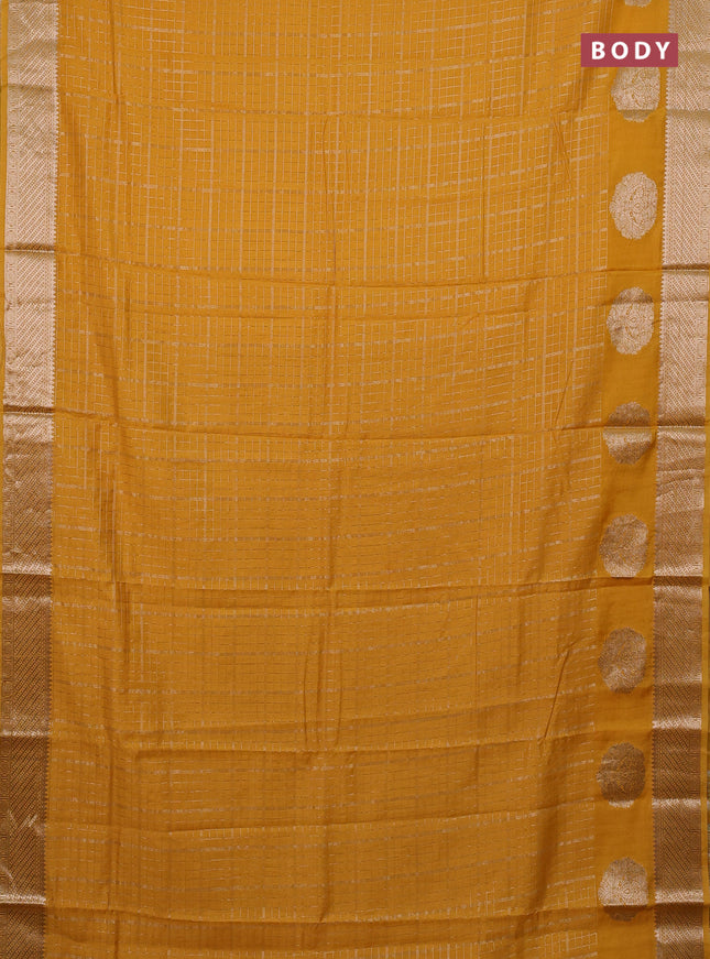 Semi chanderi saree yellow and maroon with allover zari checked pattern and zari woven butta border