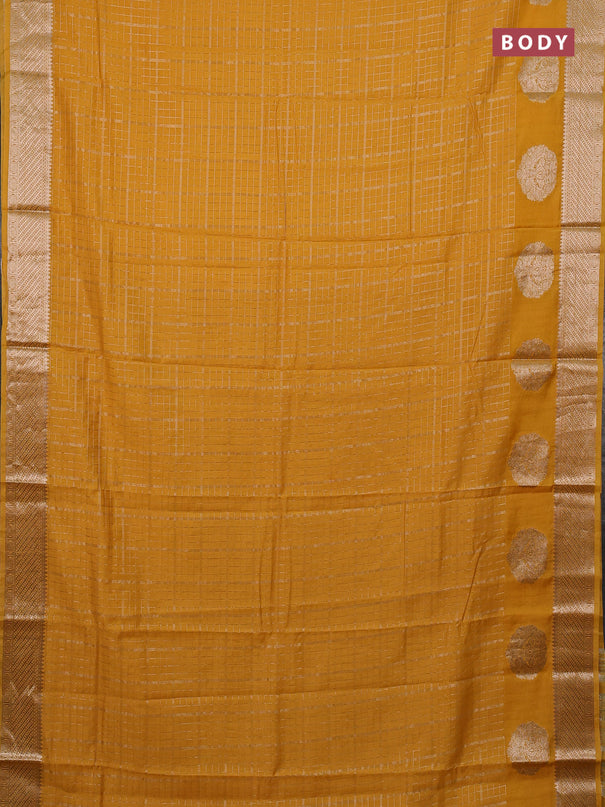 Semi chanderi saree yellow and maroon with allover zari checked pattern and zari woven butta border