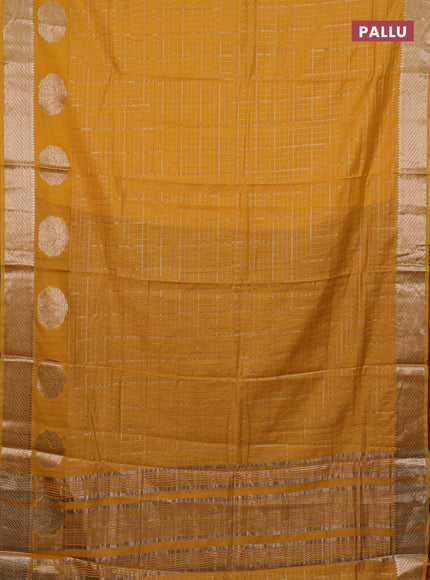 Semi chanderi saree yellow and maroon with allover zari checked pattern and zari woven butta border