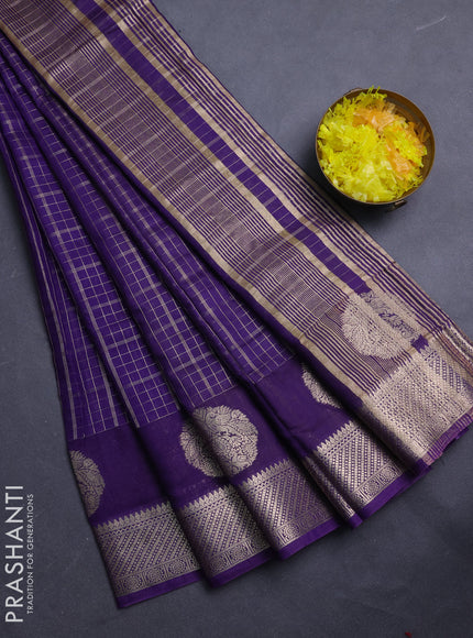 Semi chanderi saree violet and light green with allover zari checked pattern and zari woven butta border