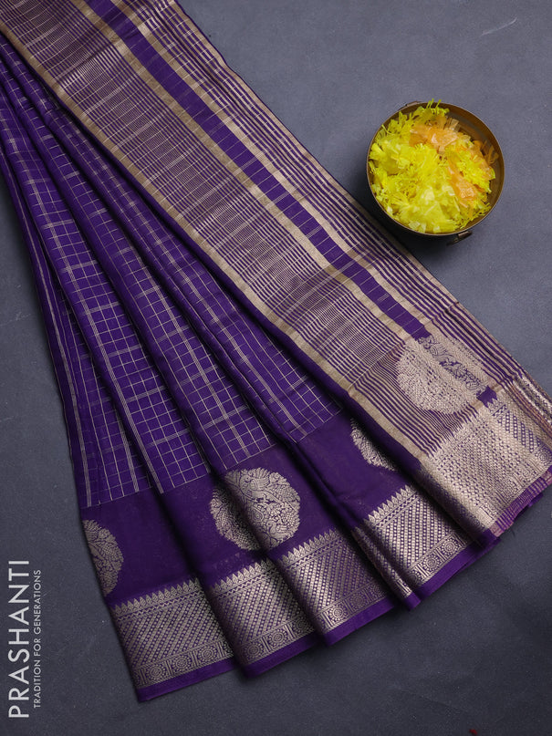 Semi chanderi saree violet and light green with allover zari checked pattern and zari woven butta border