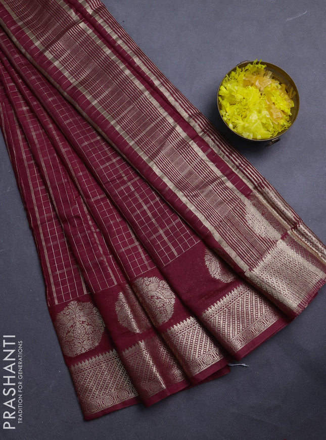 Semi chanderi saree wine shade and black with allover zari checked pattern and zari woven butta border