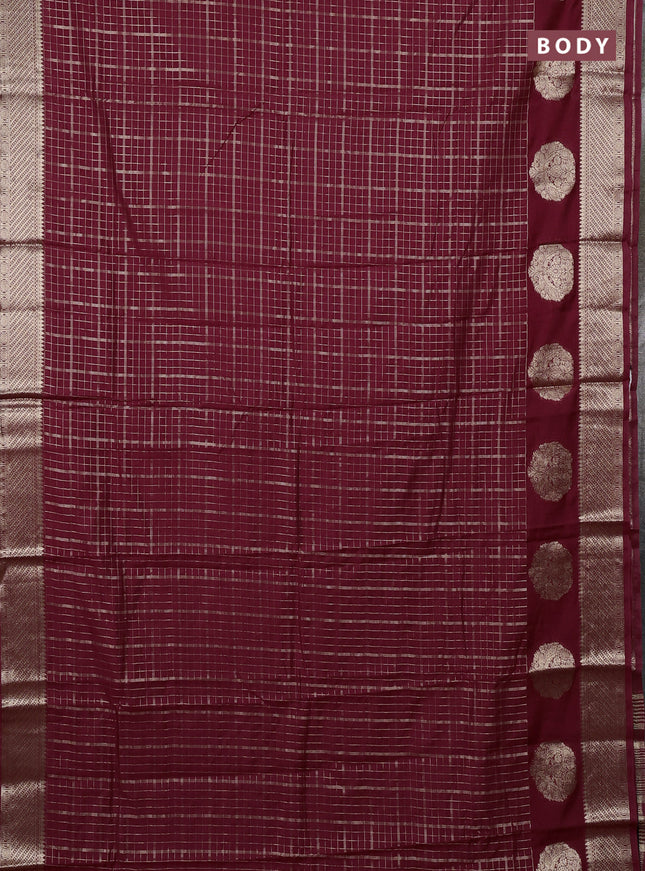 Semi chanderi saree wine shade and black with allover zari checked pattern and zari woven butta border