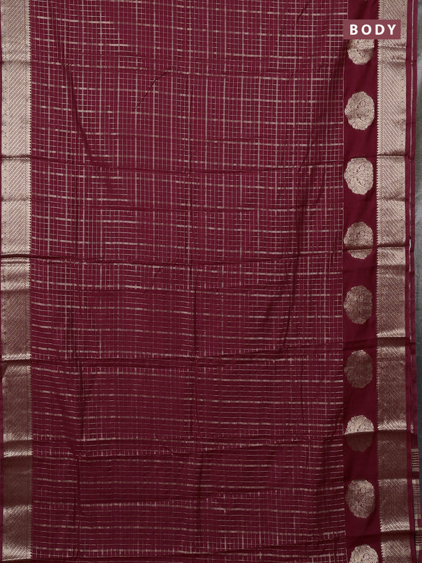 Semi chanderi saree wine shade and black with allover zari checked pattern and zari woven butta border