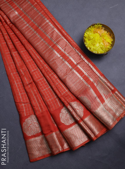 Semi chanderi saree rust shade and maroon with allover zari checked pattern and zari woven butta border