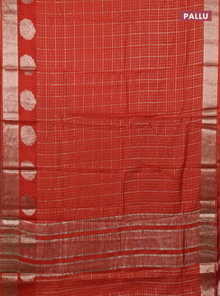 Semi chanderi saree rust shade and maroon with allover zari checked pattern and zari woven butta border