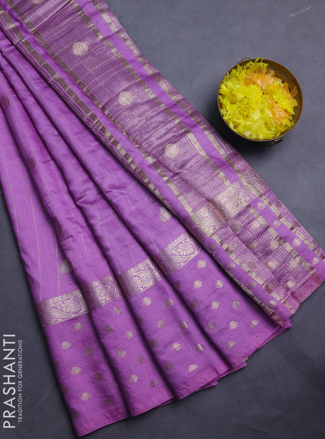 Semi chanderi saree lavender and violet with allover zari checks & buttas and zari woven butta border