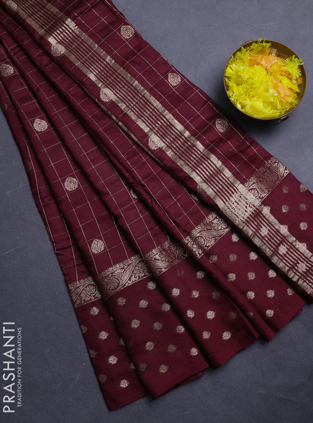 Semi chanderi saree deep wine and green with allover zari checks & buttas and zari woven butta border