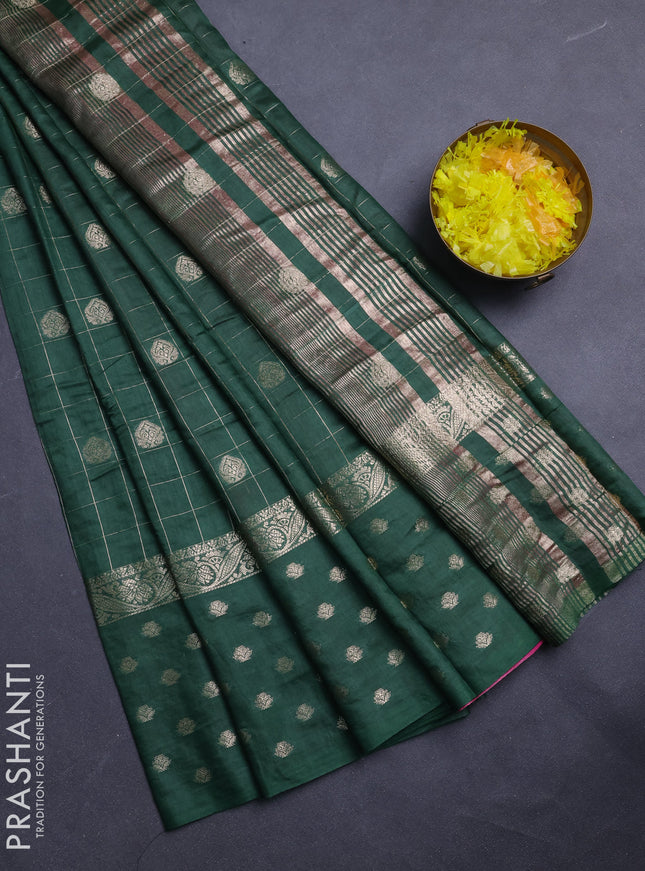 Semi chanderi saree green and pink with allover zari checks & buttas and zari woven butta border