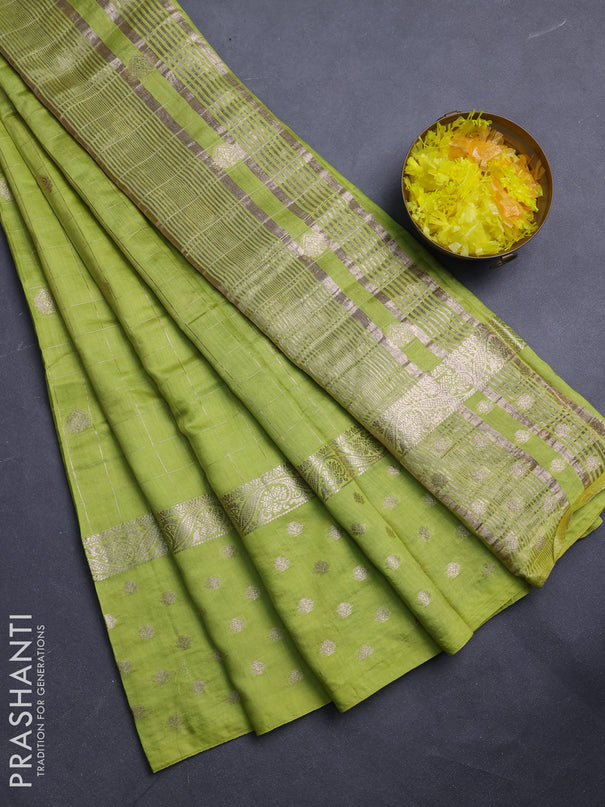 Semi chanderi saree light green and violet with allover zari checks & buttas and zari woven butta border