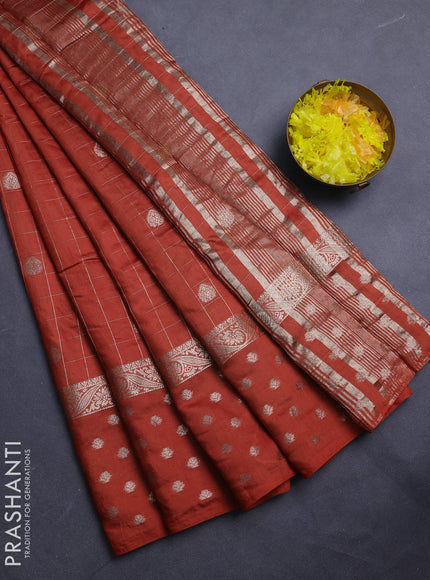 Semi chanderi saree rustic orange and brown with allover zari checks & buttas and zari woven butta border