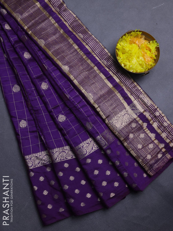 Semi chanderi saree violet and light green with allover zari checks & buttas and zari woven butta border