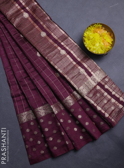 Semi chanderi saree deep wine and rust shade with allover zari checks & buttas and zari woven butta border