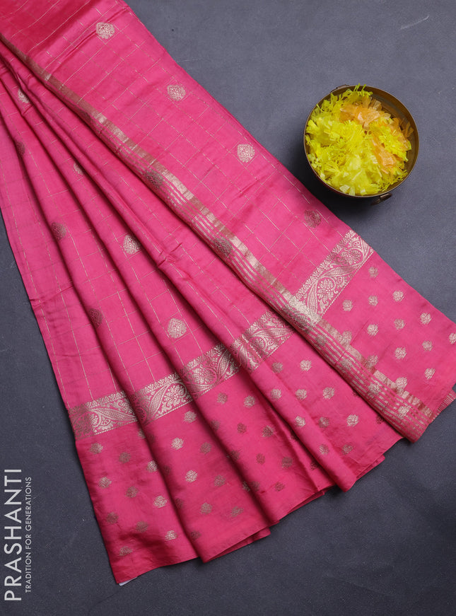 Semi chanderi saree light pink and violet with allover zari checks & buttas and zari woven butta border
