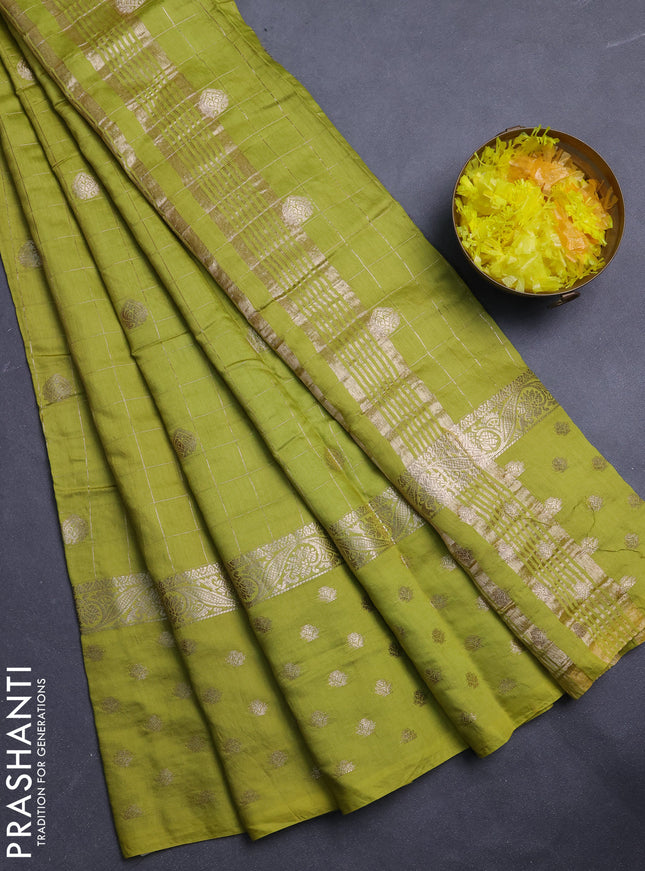 Semi chanderi saree light green and violet with allover zari checks & buttas and zari woven butta border