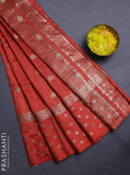Semi chanderi saree orange and wine shade with allover zari checks & buttas and zari woven butta border