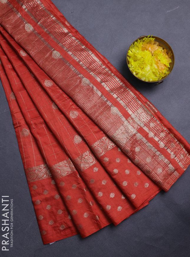 Semi chanderi saree orange and wine shade with allover zari checks & buttas and zari woven butta border