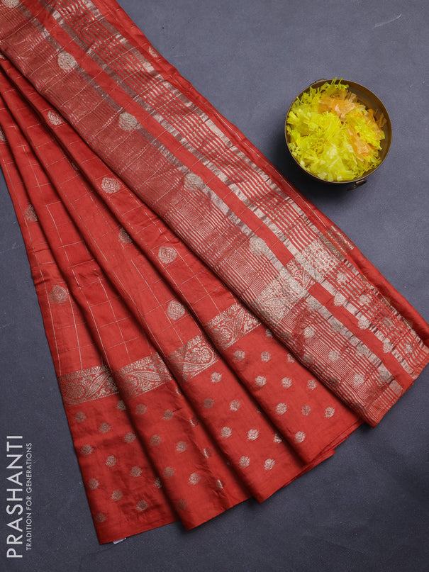 Semi chanderi saree orange and wine shade with allover zari checks & buttas and zari woven butta border
