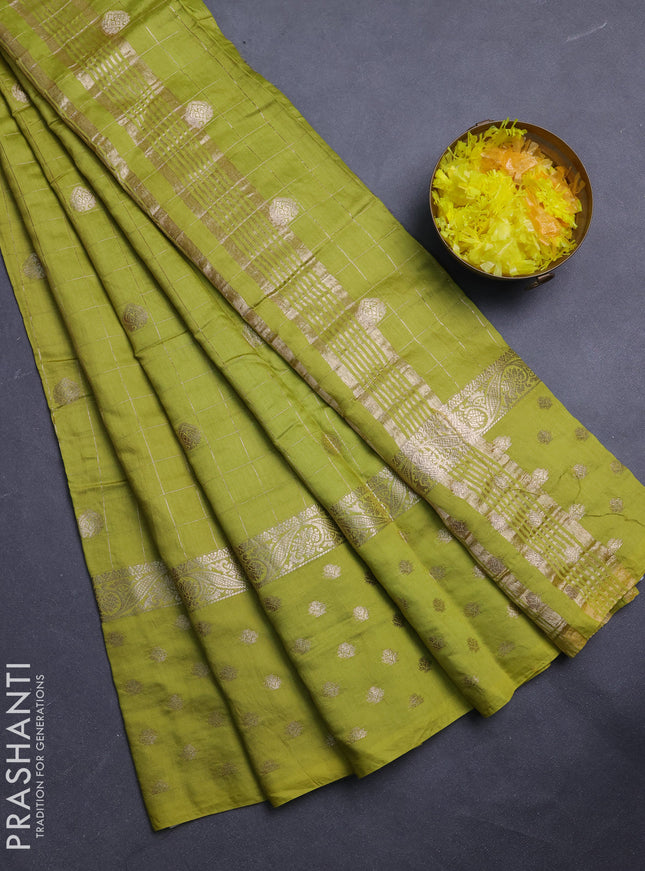Semi chanderi saree light green and violet with allover zari checks & buttas and zari woven butta border