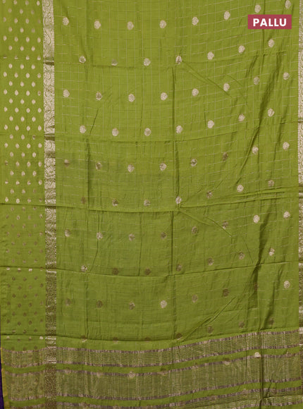 Semi chanderi saree light green and violet with allover zari checks & buttas and zari woven butta border