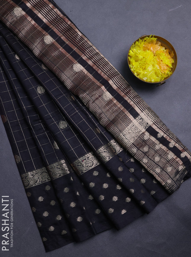 Semi chanderi saree black and maroon with allover zari checks & buttas and zari woven butta border