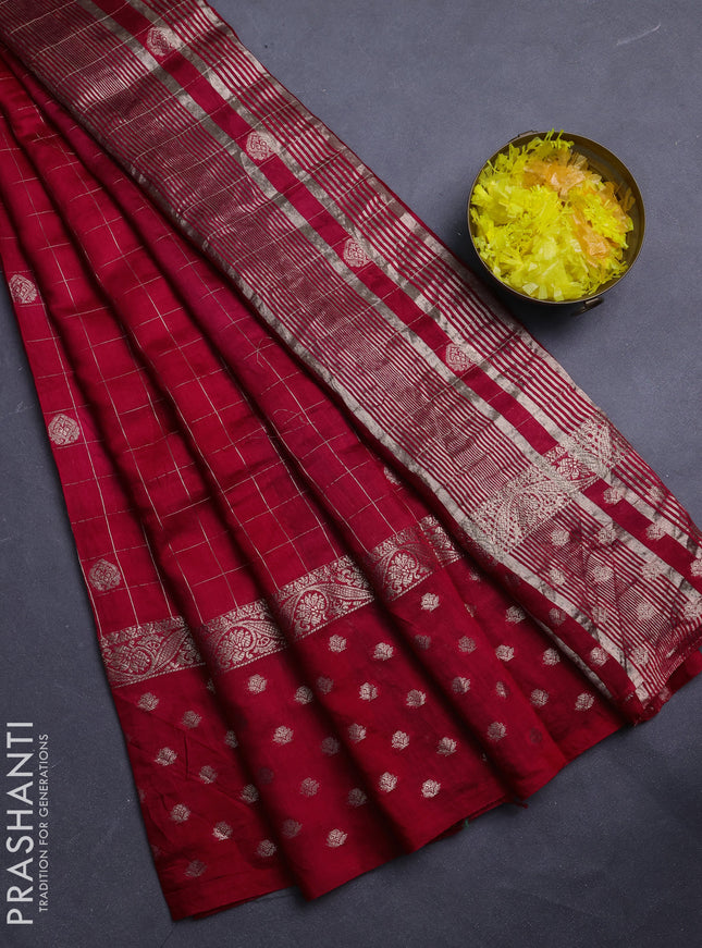 Semi chanderi saree maroon and green with allover zari checks & buttas and zari woven butta border