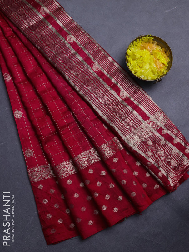 Semi chanderi saree maroon and green with allover zari checks & buttas and zari woven butta border