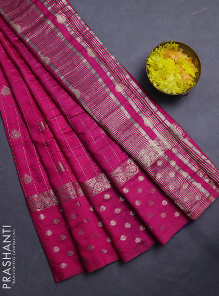 Semi chanderi saree dark pink and violet with allover zari checks & buttas and zari woven butta border