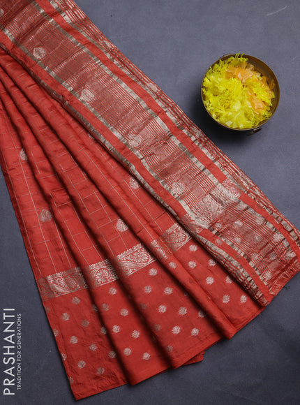 Semi chanderi saree orange and green with allover zari checks & buttas and zari woven butta border