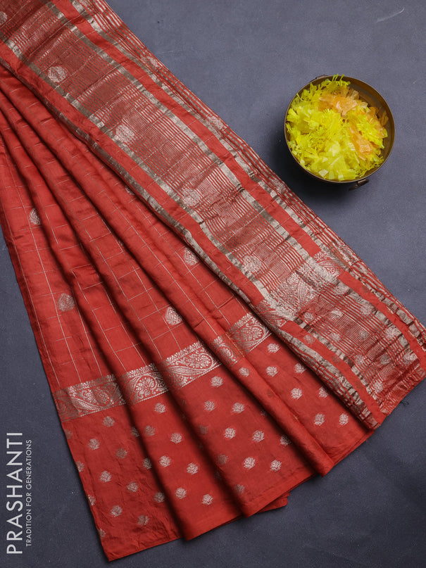 Semi chanderi saree orange and green with allover zari checks & buttas and zari woven butta border