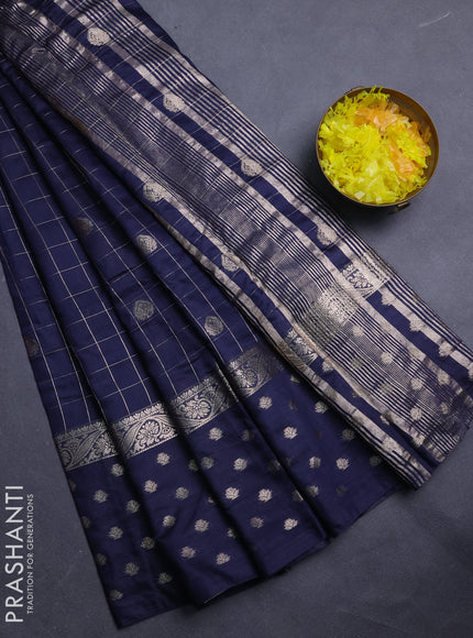 Semi chanderi saree navy blue and violet with allover zari checks & buttas and zari woven butta border