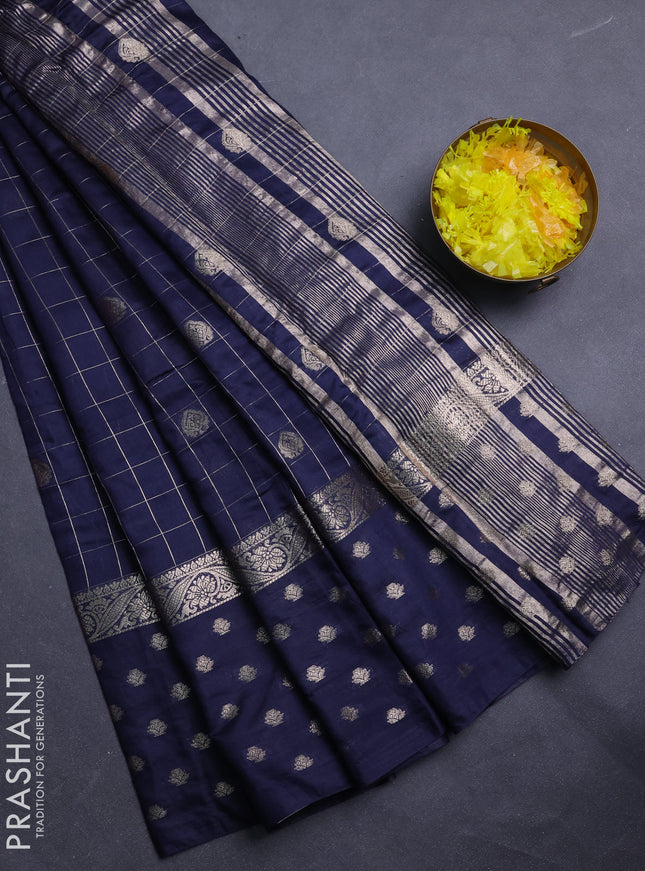 Semi chanderi saree navy blue and violet with allover zari checks & buttas and zari woven butta border
