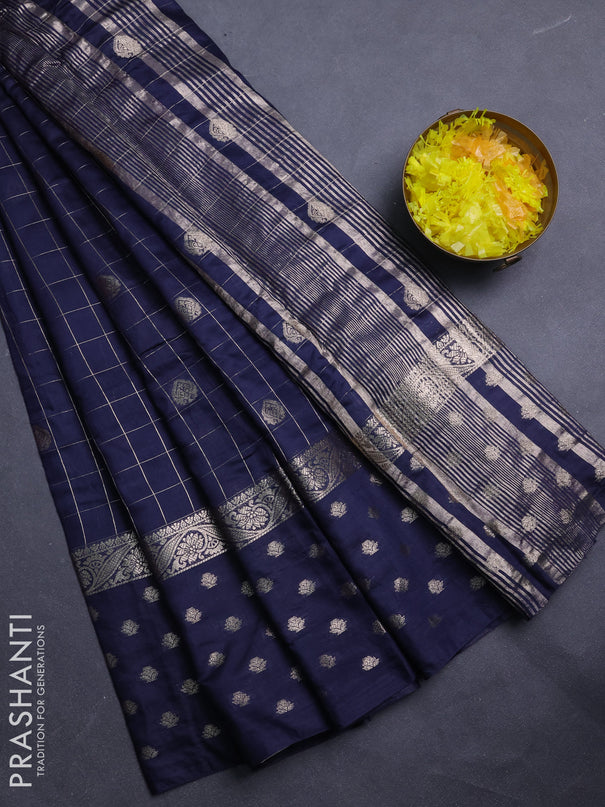 Semi chanderi saree navy blue and violet with allover zari checks & buttas and zari woven butta border