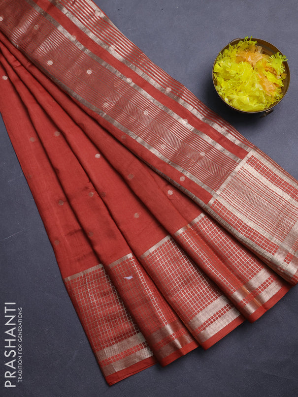 Semi chanderi saree rust shade and deep wine with allover zari woven buttas and long zari woven border