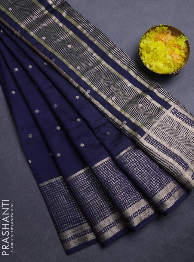 Semi chanderi saree navy blue and lime green with allover zari woven buttas and long zari woven border