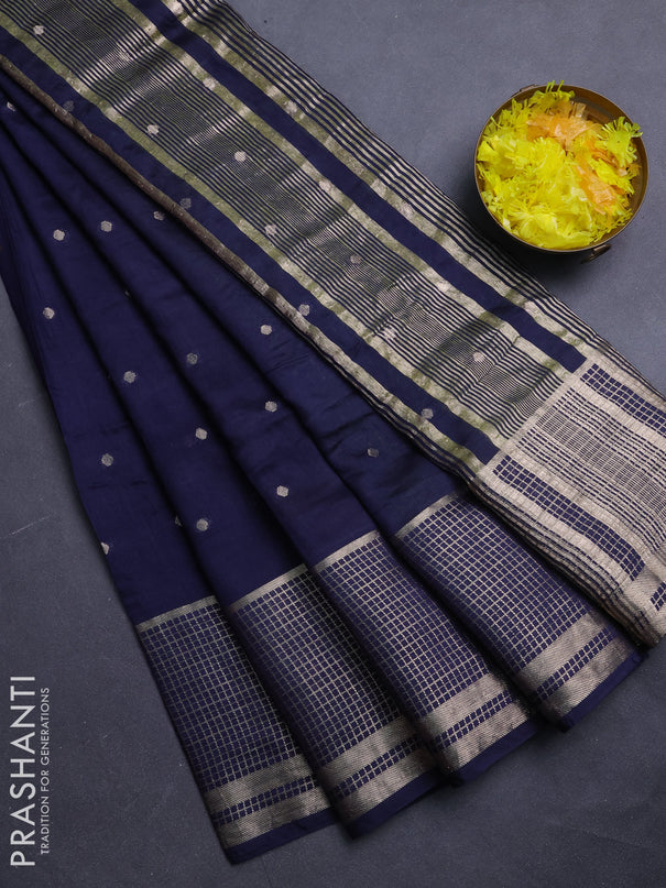 Semi chanderi saree navy blue and lime green with allover zari woven buttas and long zari woven border