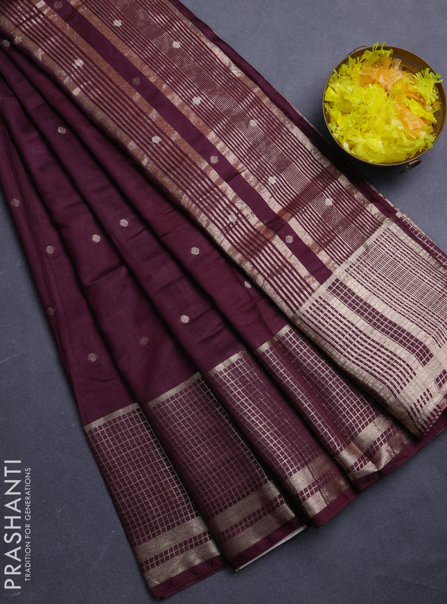 Semi chanderi saree deep wine and rust shade with allover zari woven buttas and long zari woven border