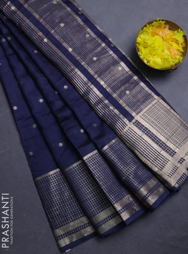 Semi chanderi saree navy blue and violet with allover zari woven buttas and long zari woven border