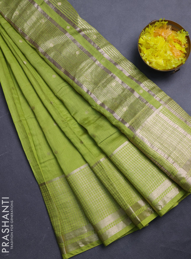 Semi chanderi saree light green and violet with allover zari woven buttas and long zari woven border