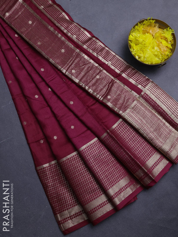 Semi chanderi saree deep wine and green with allover zari woven buttas and long zari woven border