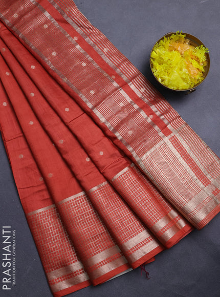 Semi chanderi saree rust shade and deep wine with allover zari woven buttas and long zari woven border
