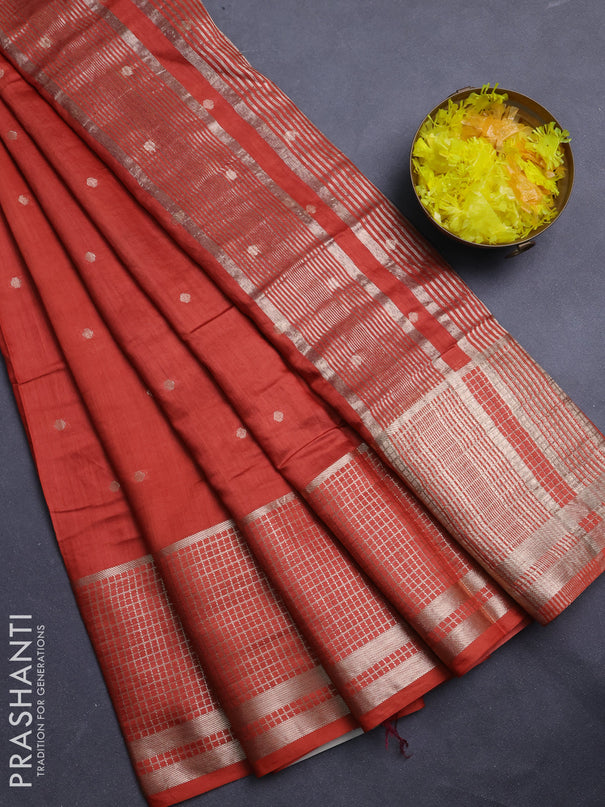 Semi chanderi saree rust shade and deep wine with allover zari woven buttas and long zari woven border