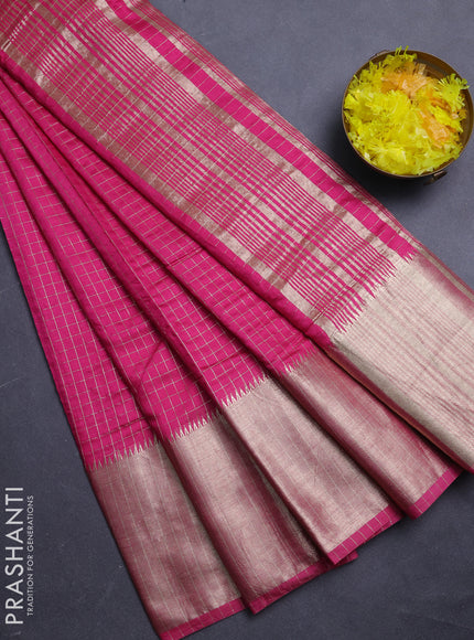 Semi chanderi saree pink and red with allover zari checked pattern and long zari woven border