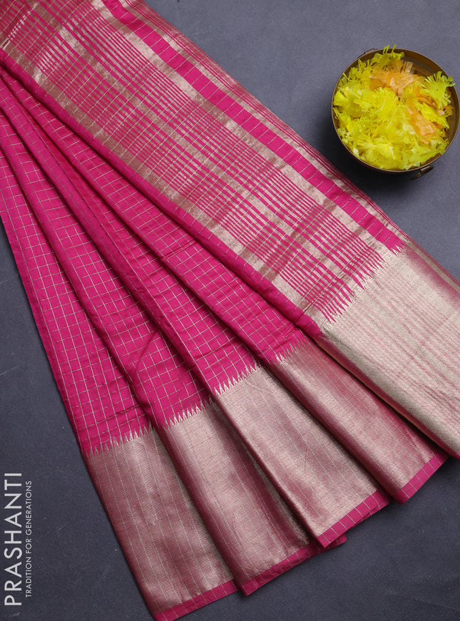 Semi chanderi saree pink and red with allover zari checked pattern and long zari woven border