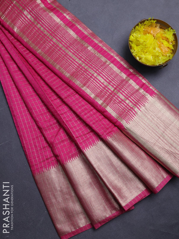 Semi chanderi saree pink and red with allover zari checked pattern and long zari woven border