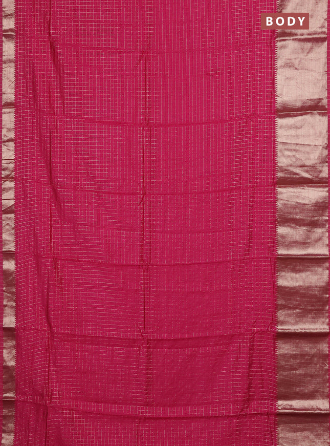 Semi chanderi saree pink and red with allover zari checked pattern and long zari woven border