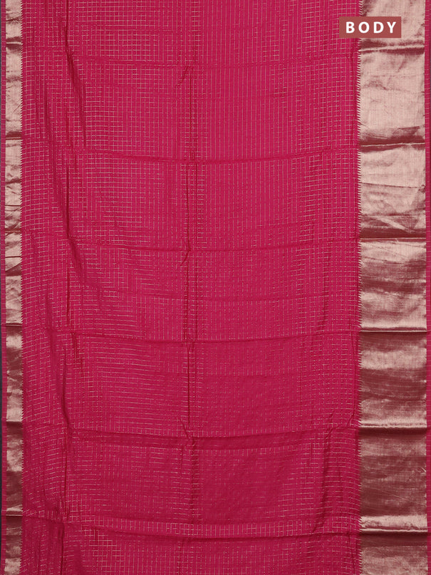 Semi chanderi saree pink and red with allover zari checked pattern and long zari woven border