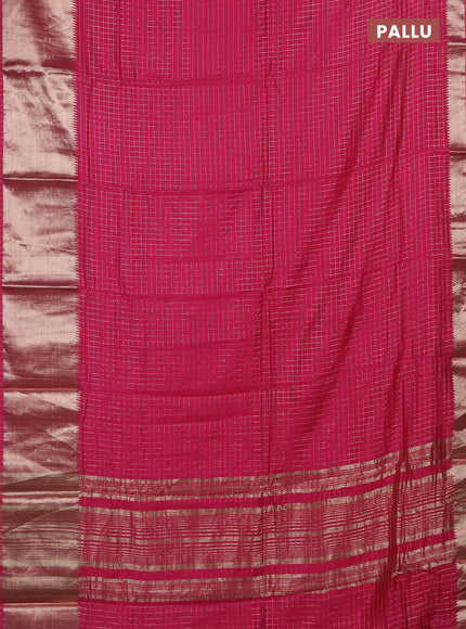 Semi chanderi saree pink and red with allover zari checked pattern and long zari woven border